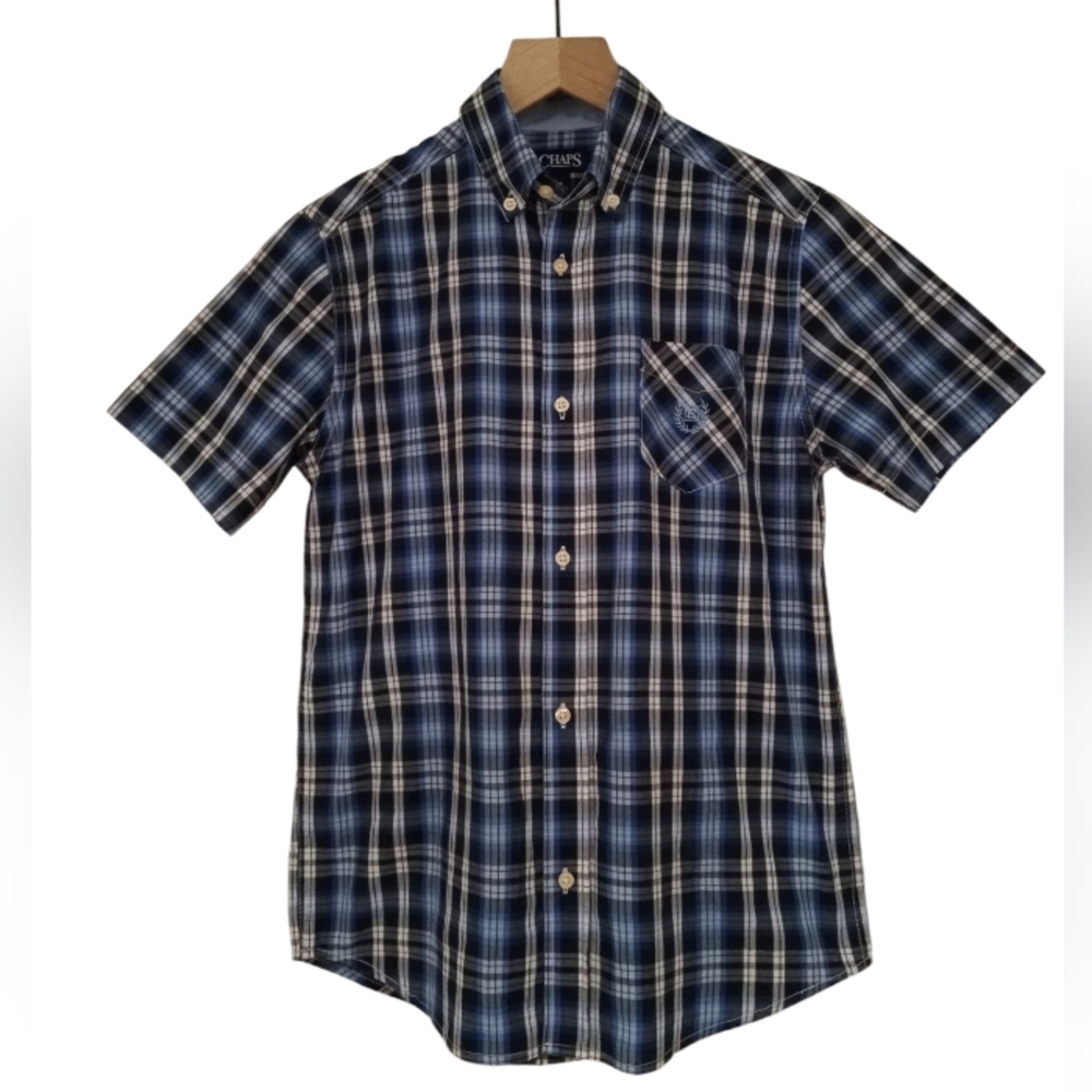 Chaps Blue and White Casual Plaid Button Down Shirt For Boys